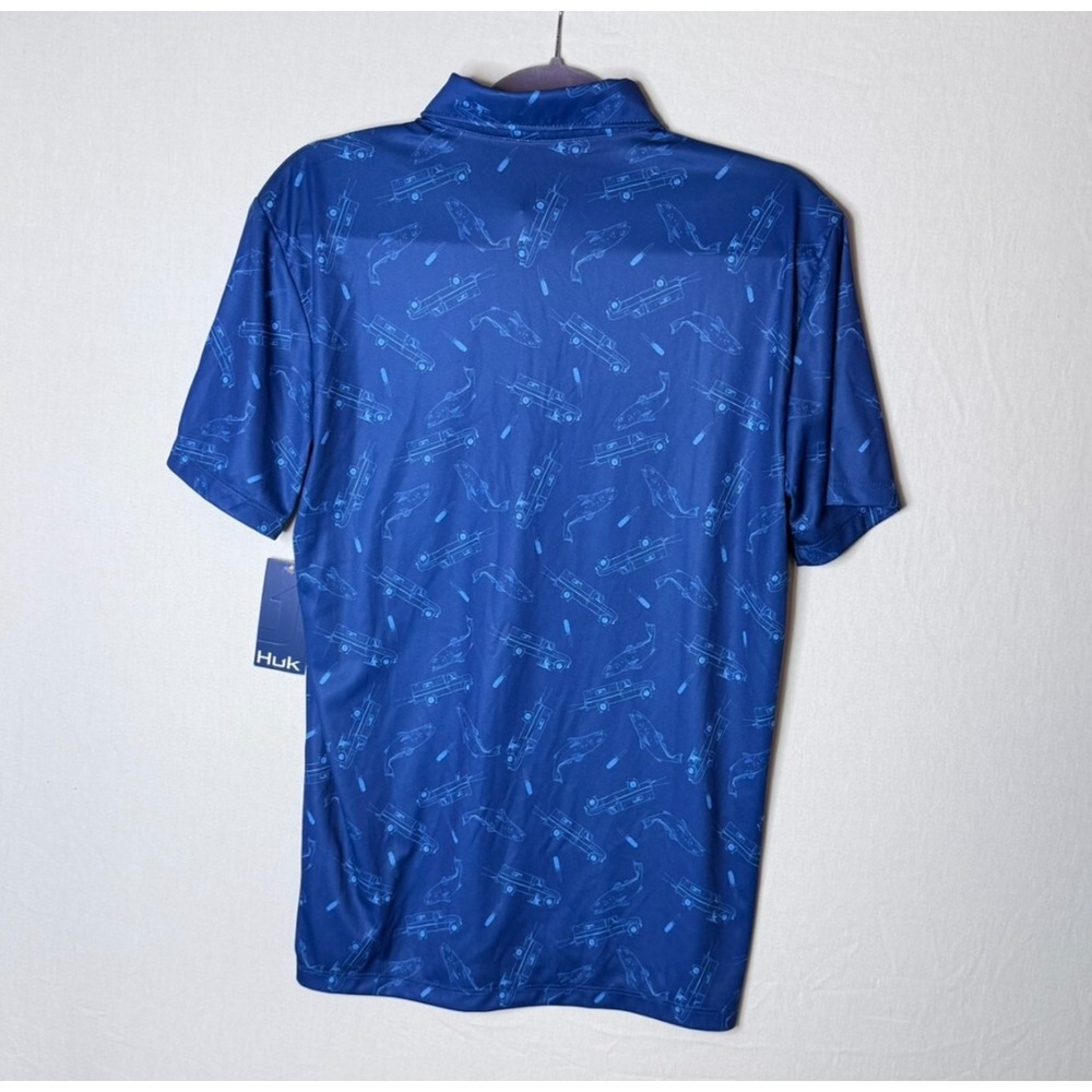 Huk Fishing Polo Hewes Boats Mens S NEW Blue Fish Wagon All Over Geometric Print - Picture 7 of 11